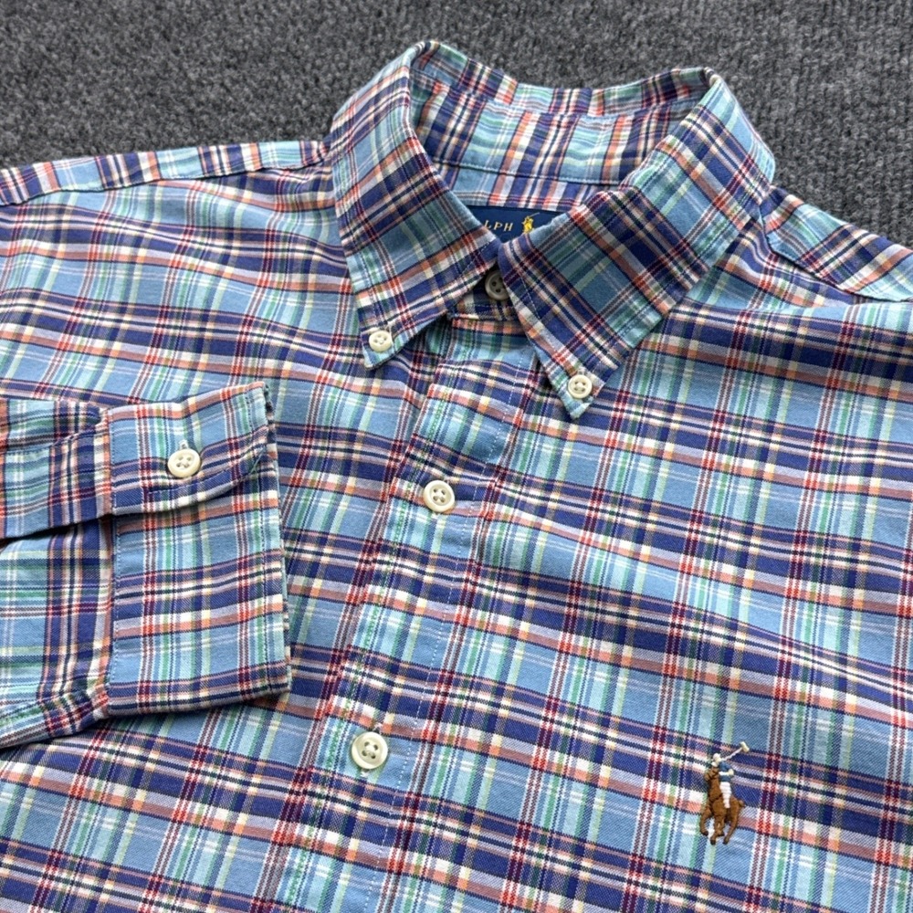 Polo Ralph Lauren Button Down Mens M Blue Plaid Slim Fit Stretch Oxford Shirt